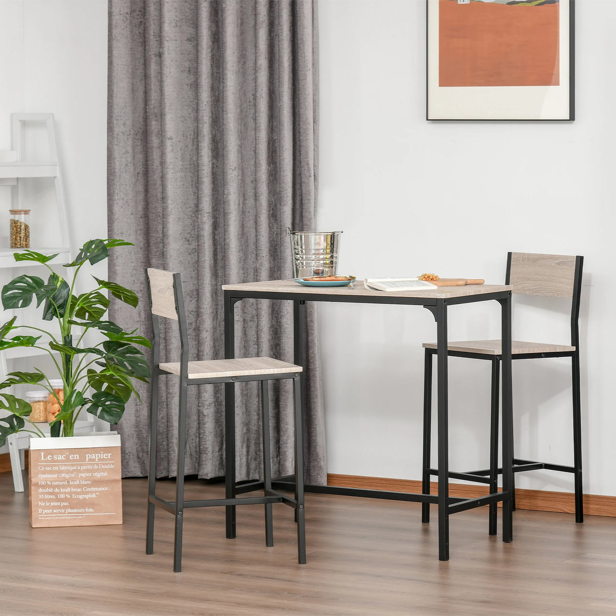 HOMCOM 835-135 barbord med 2 sittmöbler – trädekor och svart metall