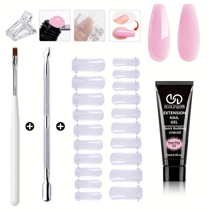 Salon & Home Nail Art Kit - 0.51oz Odorless Quick Build Gel Extension Set with 20 Nail Forms & Tools | Professional UV Sculpting