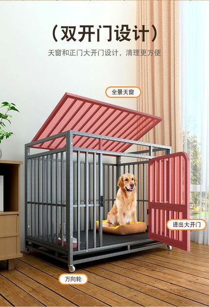 Heavy Duty Square Tube Dog Cage for Medium Large Dogs Indoor Metal Kennel with Toilet Tray Foldable Iron Pet Crate Furniture