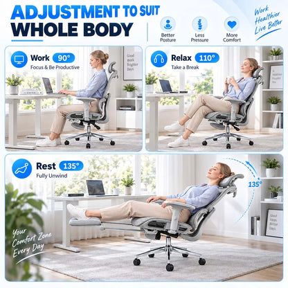 Ergonomic Office Chair with Footrest, 3D Adjustable Headrest & Armrests, Elastic Lumbar Support, Breathable Mesh High Back, 90°-135° Reclining Swivel Chair for Home Office