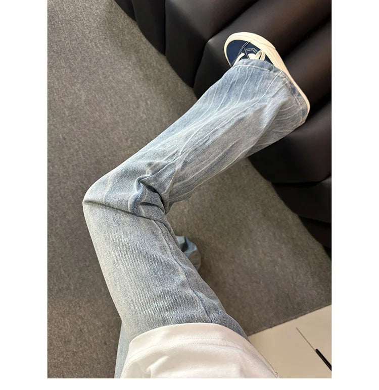 Washed Lightning Print Curved Flare Jeans For Male American Autumn Casual Fashion High Street Men Men Straight Leg Denim Pants