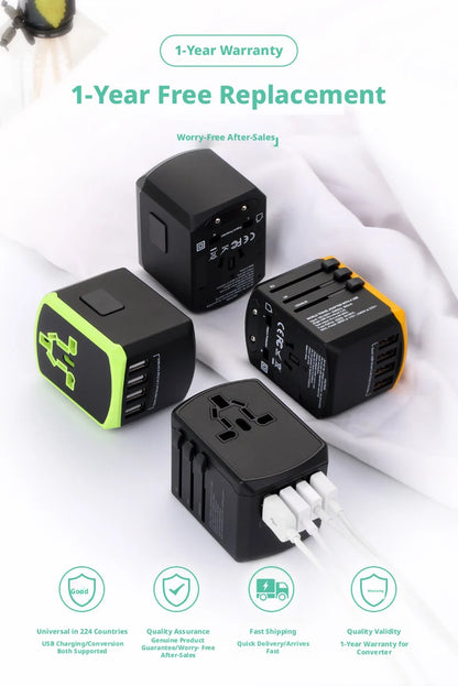 Global Power Converter for Travelers: Multi-Standard Plug (US/EU/UK/AU), 2000W Max, 4 USB Charging, Safety Door