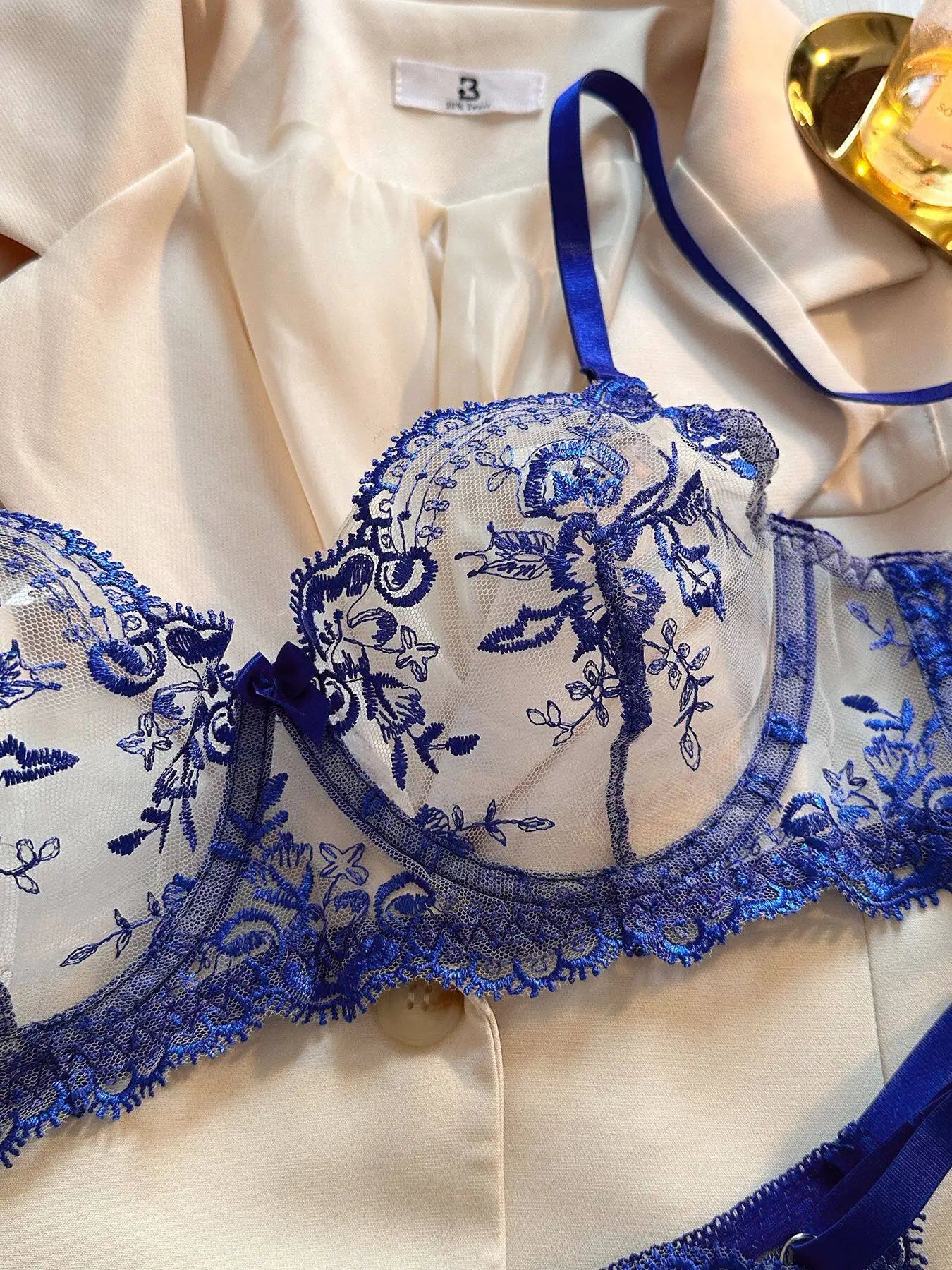 Conjunto Lencería Bordado Floral Transparente Aro Rejilla Copa Fina Sujetador Push Up Estilo Puro Deseo Ropa Interior Mujer S-XL