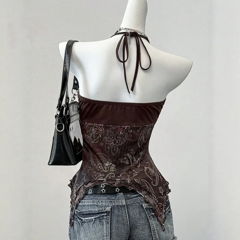 Dam Halter Crop Top – Mesh Splice Slim Fit Backless, Sexig Sommartopp, 4 Färger