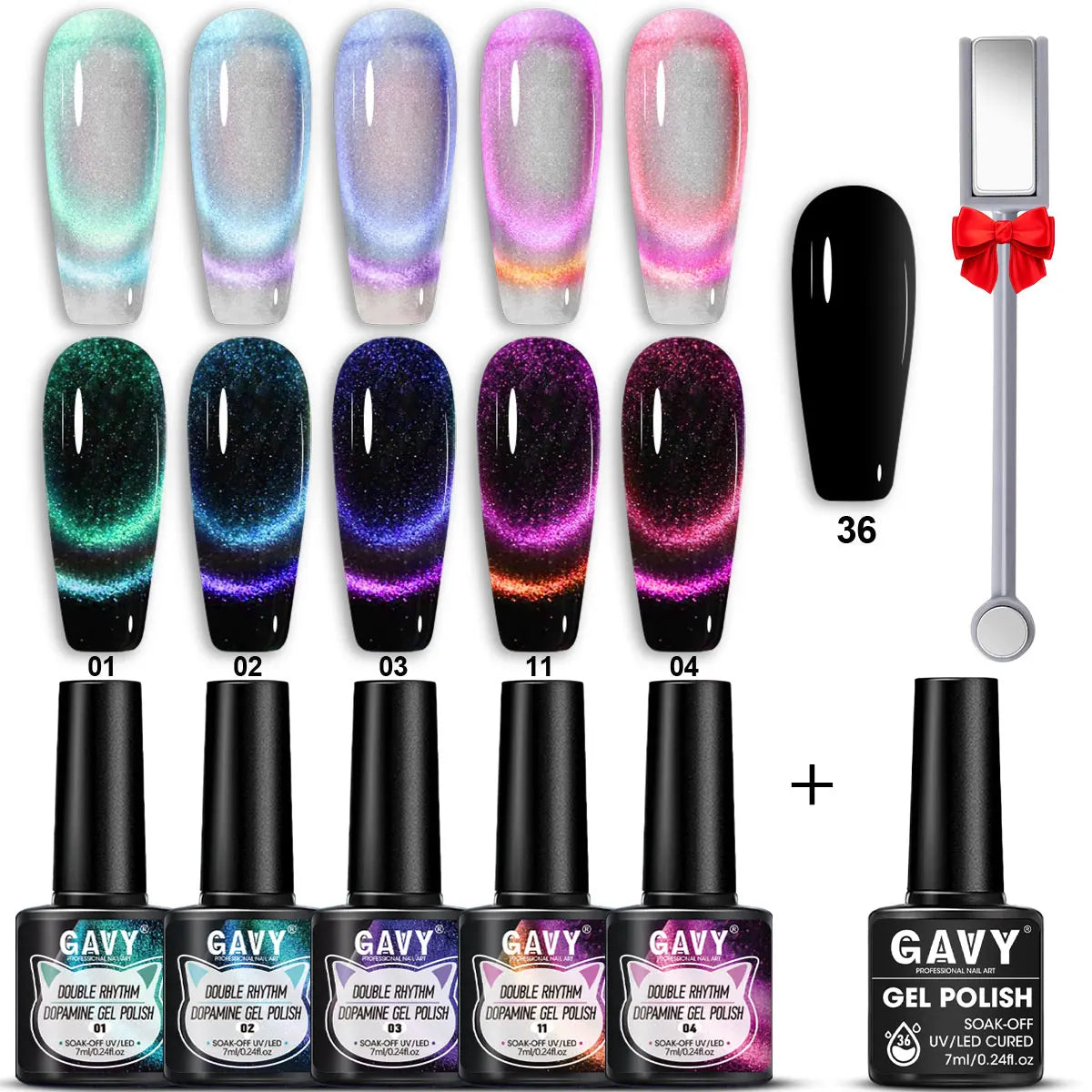 GAVY 5-Piece Two-Color Cat's Eye Gel Nail Polish Set + Black Base Gel + Magnetic Stick, for DIY Nail Art