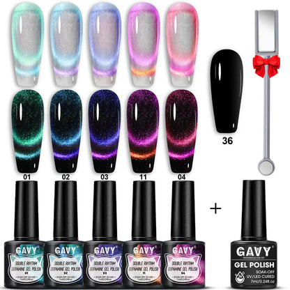 GAVY 5-Piece Two-Color Cat's Eye Gel Nail Polish Set + Black Base Gel + Magnetic Stick, for DIY Nail Art
