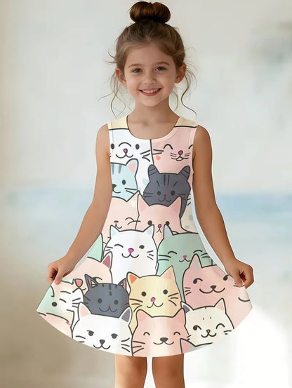 Girl Clothes Cartoon Cat Graphic Printed Girls' Princess Dress Summer Casual Dress for Girls Outfit O-Neck Birthday Gift Clothes