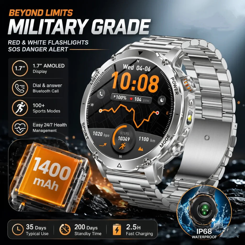2026 1400mAh Big Battery Smart Watch Men Outdoor GPS Flashlight IP68 Waterproof Bluetooth Call AMOLED Military Sports Smartwatch