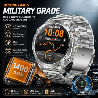 2026 1400mAh Big Battery Smart Watch Men Outdoor GPS Flashlight IP68 Waterproof Bluetooth Call AMOLED Military Sports Smartwatch