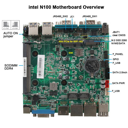 Fanless Industrial Mini PC Intel N100 J6412 Dual LAN 2xCOM RS485 6USB 4G SIM GPIO WiFi Support Computer