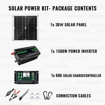 Grennova Solkraftsystem – Ren Sinusvåg 750W/1500W + 30W Solpanel + 60A MPPT 12V 110V/220V Bil Husbil Hem CE