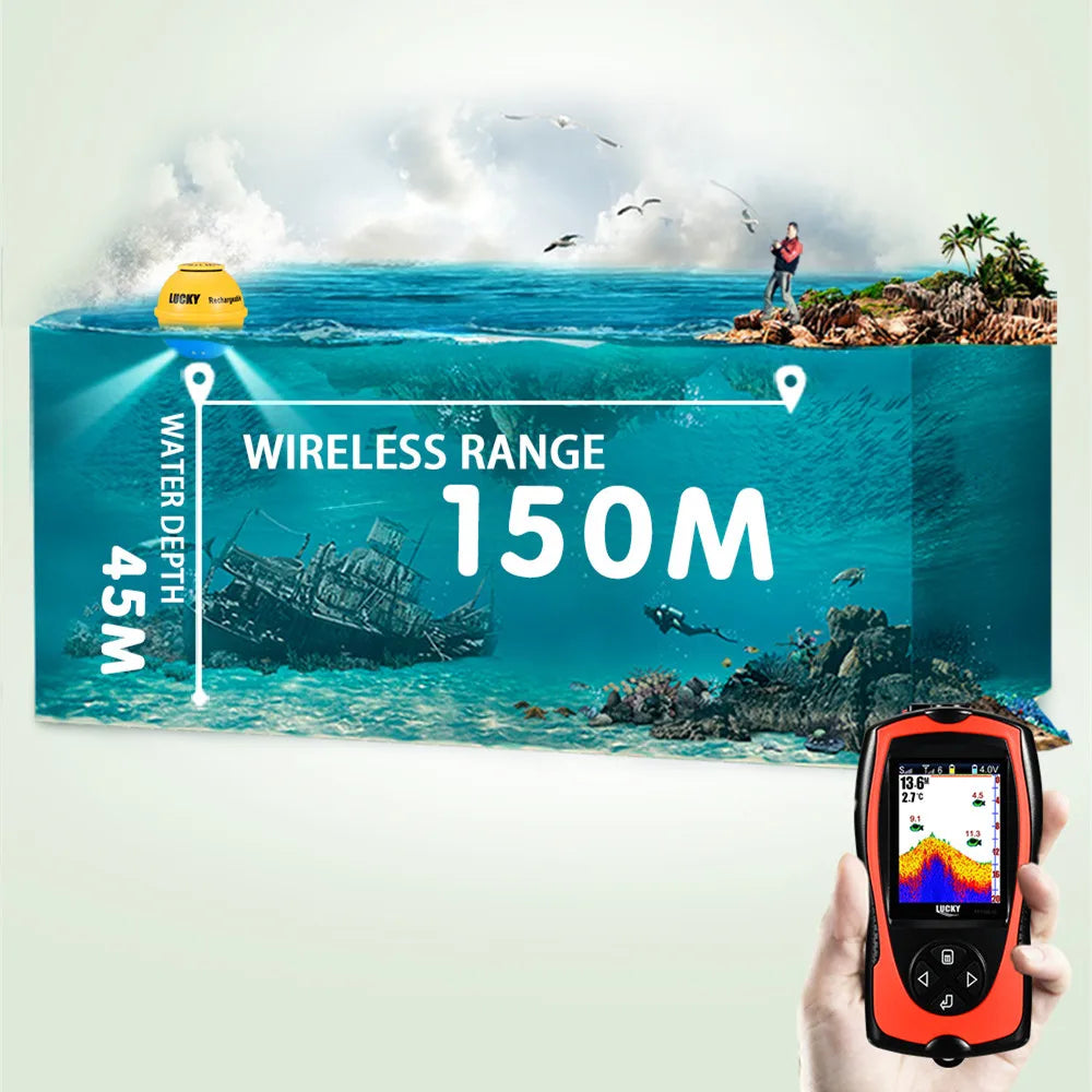 LUCKY FF1108-1CWLA Sonar Fish Finder Portable Wireless Rechargeable Echo Sounder 45M Water Depth Sensor for Fishing