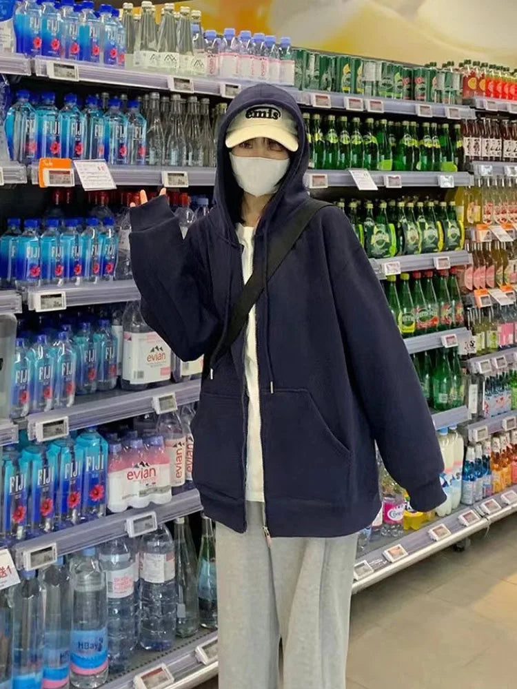 Korean Fashion Zipper Hood Sweatshirt Women Autumn Long Sleeve Tops Casual Y2K Hoodies Streetwear Harajuku Loose Jackets Coats