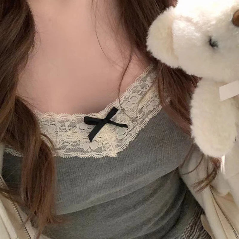 Dam Coquette Y2K Spets Crop Top – Ärmlös Koreansk Stil Sommar Linne Sexig Kawaii, 10 Färger One Size