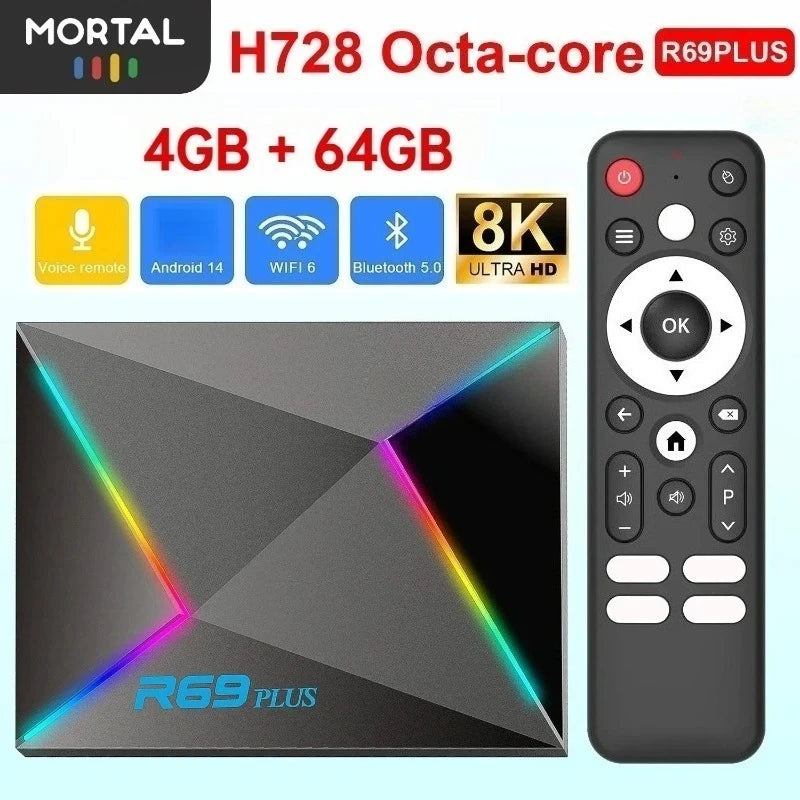 R69 Plus TV Box Android14 Ultra Voice Control HDR10 8K Allwinner H728 Octa Core 1000M LAN WIFI 6 BT5.0 Media Player Set Top Box