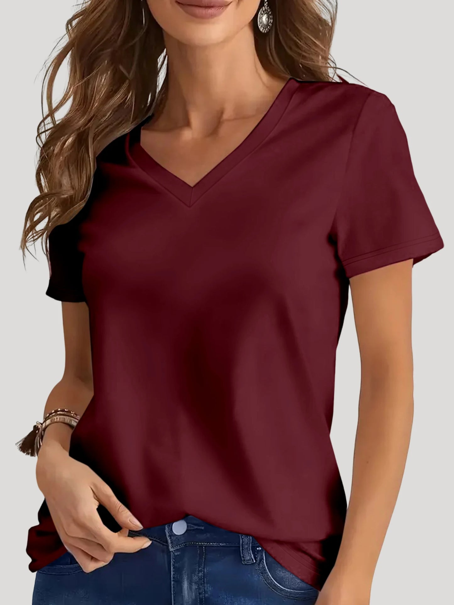 Women's Oversized V-Neck T-Shirt Solid Color Short-Sleeve Curved Hem Soft Fabric Black Gray Navy