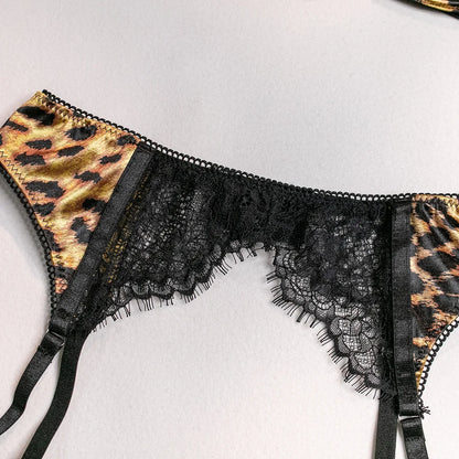 Leopardspets Lingerieset 3-delat – Sexigt, Romantiskt, BH & Trosa, S–L