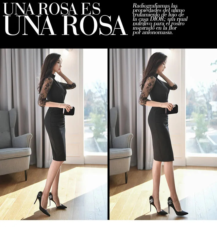H Han Queen Hot Sale Elegant Fashion Lace Fold Split Pencil Dress Simple Series Dresses Women Korean Mid Office Casual Vestidos