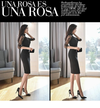 H Han Queen Hot Sale Elegant Fashion Lace Fold Split Pencil Dress Simple Series Dresses Women Korean Mid Office Casual Vestidos