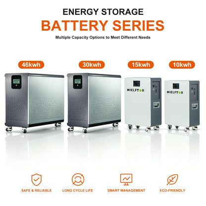 NIELFTOR LiFePO4 Energilagringsbatteri 51,2V – 10/16/32/45kWh, BMS 16S 300A, WiFi+Bluetooth+CAN/RS485+LCD, Hjul, 10års Garanti, Off-Grid/Sol/Husbil, EU-lager (Polen)