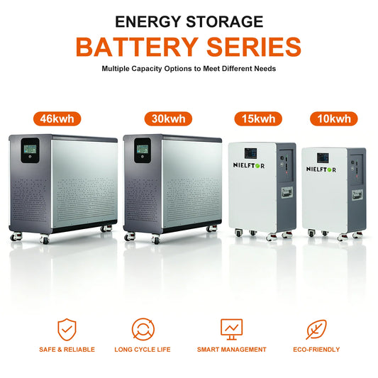 NIELFTOR LiFePO4 Energilagringsbatteri 51,2V – 10/16/32/45kWh, BMS 16S 300A, WiFi+Bluetooth+CAN/RS485+LCD, Hjul, 10års Garanti, Off-Grid/Sol/Husbil, EU-lager (Polen)