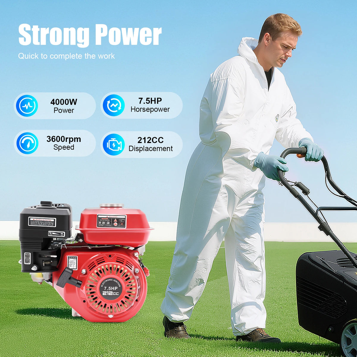 212cc 4,0kW 7,5hk luftkyld bensinmotor, 3600 varv/min snörnstart bensinmotor