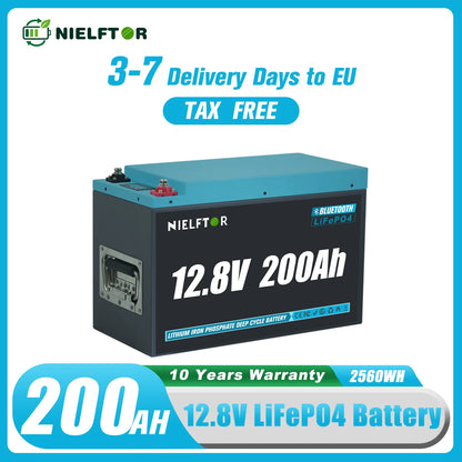 NIELFTOR LiFePO4 Batteri 12,8V 200Ah 2560Wh – Metallkapsling, Bluetooth, 150A BMS, 4S4P (upp till 51,2V 800Ah), >6000 Cykler, 10års Garanti, EU-lager (Polen)