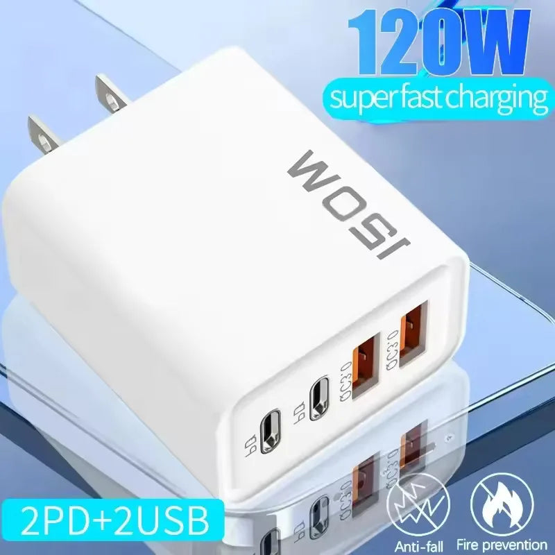 4-port USB-laddare med PD/QC3.0 – EU, US, UK och kabelvarianter
