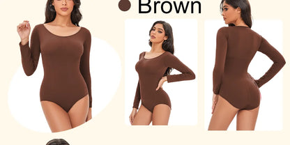 POKARLA Spandex Elastic Body Suit Shapewear Women Body Shaper Tummy Control Long Sleeve Open Crotch Round Neck Seamless Shapers
