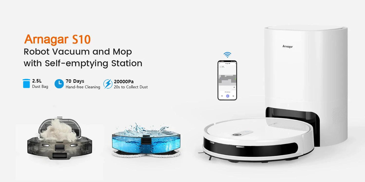 Arnagar S10 Robot Vacuum Cleaner Auto Empty Dust Collection Sweep Mop 12000Pa 5200mAh Low Noise APP Control for home cleanning