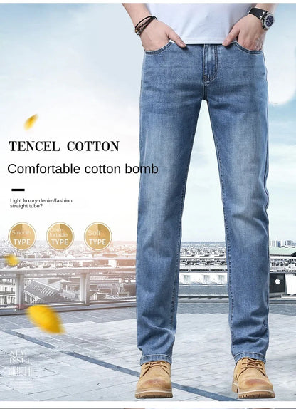 Spring and Summer Thin Men's Light Blue Slim Jeans Stylish Casual Stretch Fabric Denim Pants Classic Trousers Smoke Gray