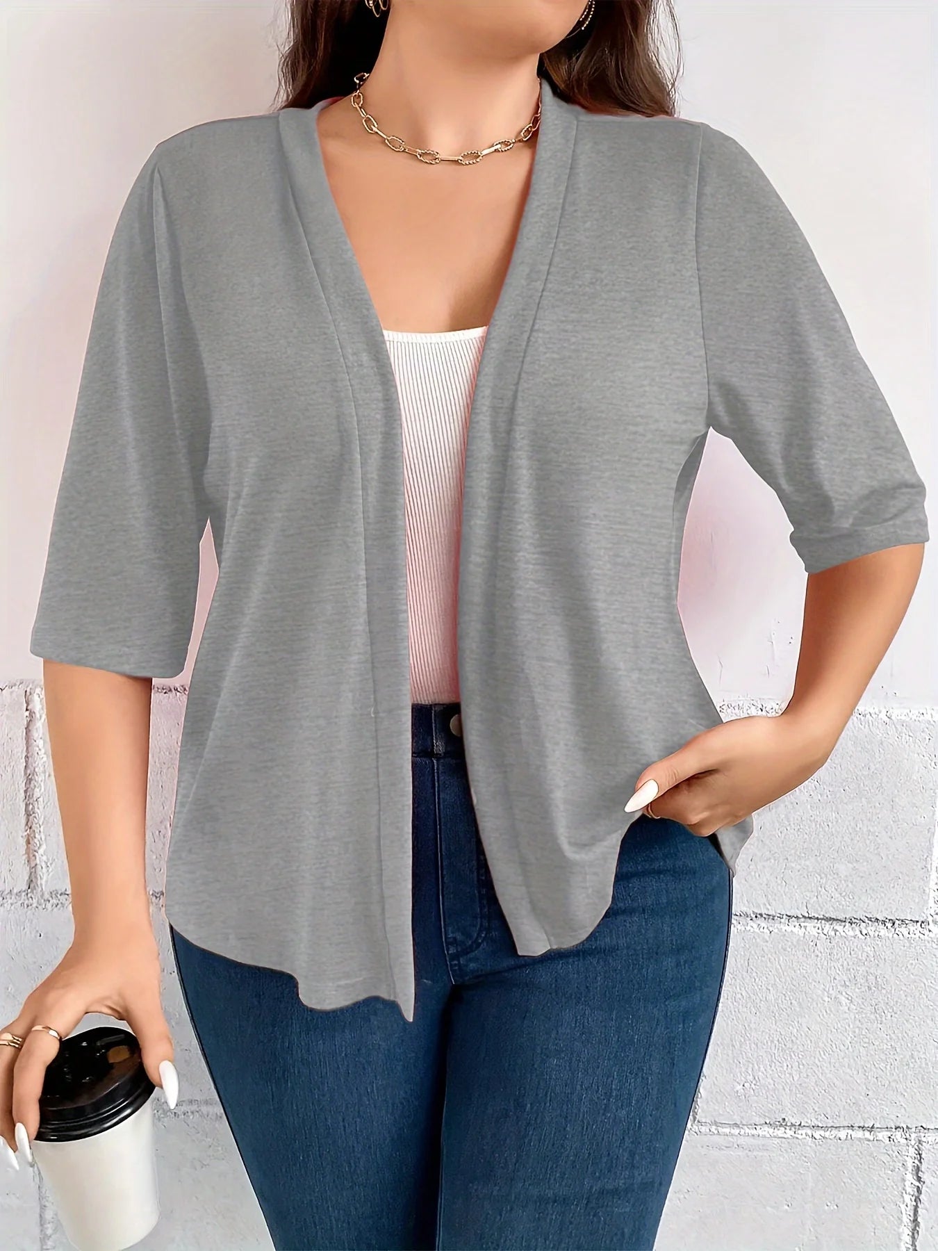 Dam Plus Size Blazer – Dräperad Öppen Enfargad 3/4-ärm Casual Mångsidigt Året Runt, 8 Färger 1XL–5XL