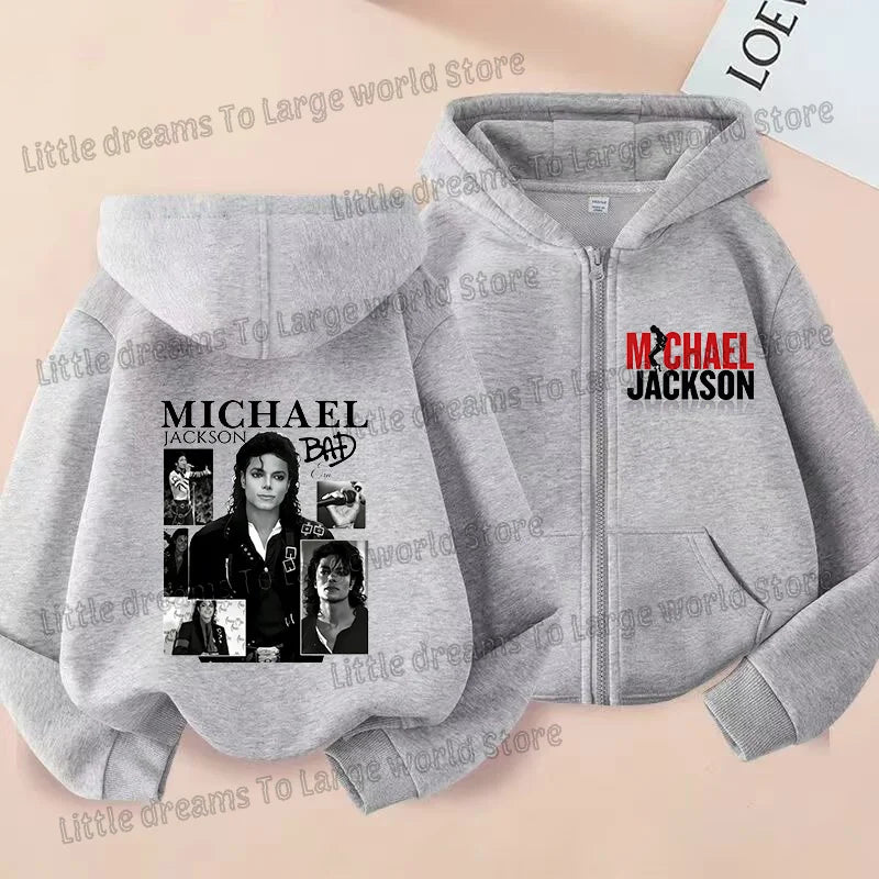 Michael Jackson Thin Long Sleeve Zipper Jacket Boys Hooded Clothes Autumn Spring Singer MJ Zip Up Streetwear with Pocket Tops