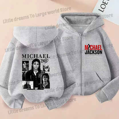 Michael Jackson Thin Long Sleeve Zipper Jacket Boys Hooded Clothes Autumn Spring Singer MJ Zip Up Streetwear with Pocket Tops