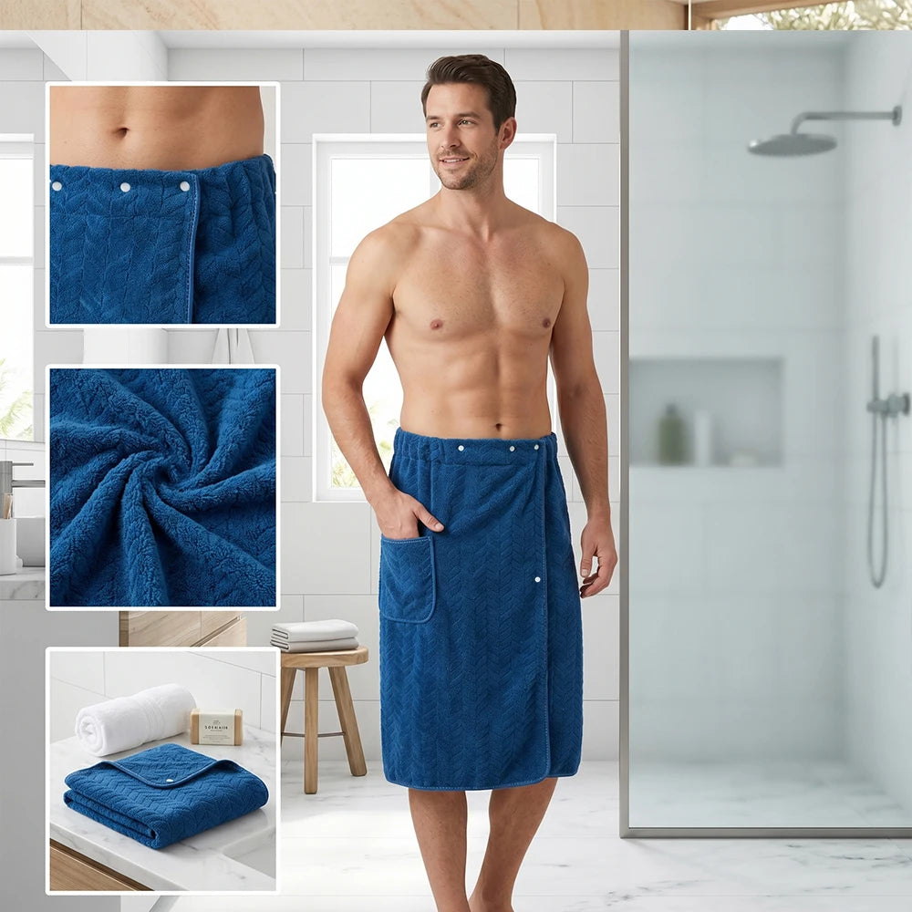 Extra Large Men's Bath Skirt 75x150cm Adjustable Wearable Towel Absorbent Fast Drying Coral Fleece Gift for Husband Boyfriend