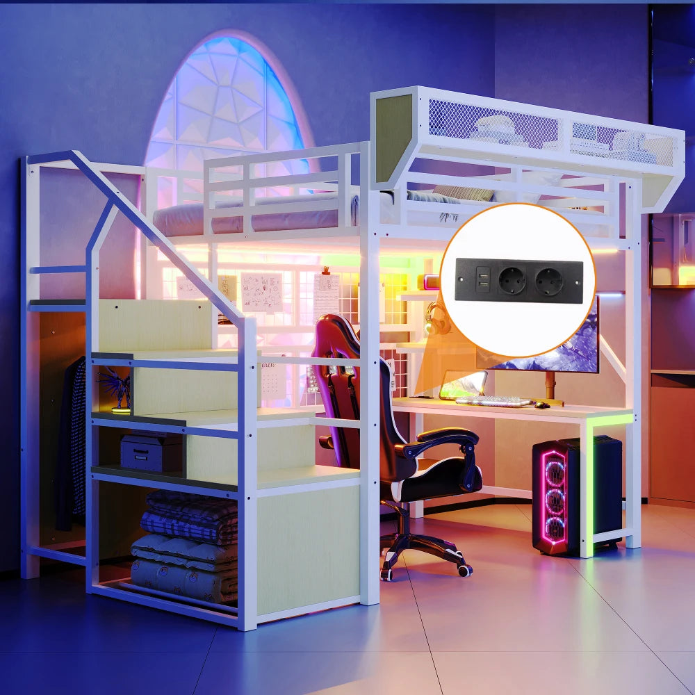 90×200cm & 140*200cm Metal High Bed, with Desk, Shelf and Storage Net, Complete with Safety Ladder, LED Lighting and Socket