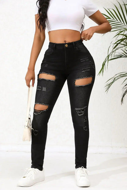 Women Jeans Denim Pockets Holes Pencil Pants High Waist Sexy Skinny Streetwear Solid Ankle Length Spliced Distressed Washing