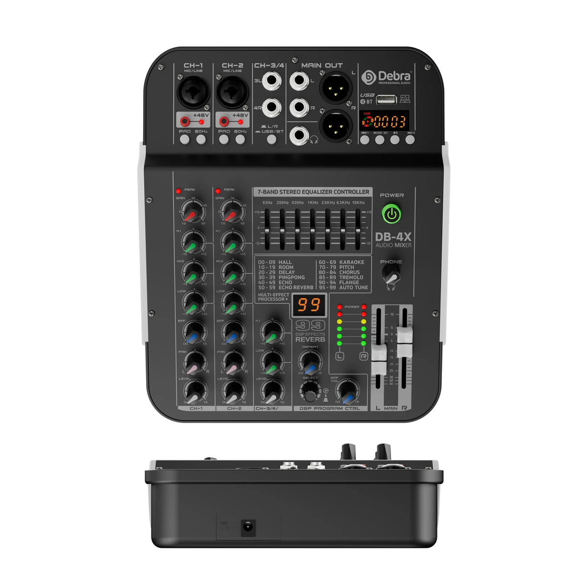 DB-4X 4-kanals mixerbord med USB, Bluetooth och DSP-reverb