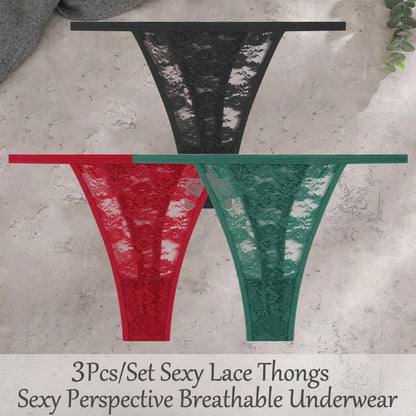 3Pcs/Set Sexy Lace Floral Panties For Women Solid Color Transparent Underwear Female Lace Perspective Hollow Out G-string Thongs