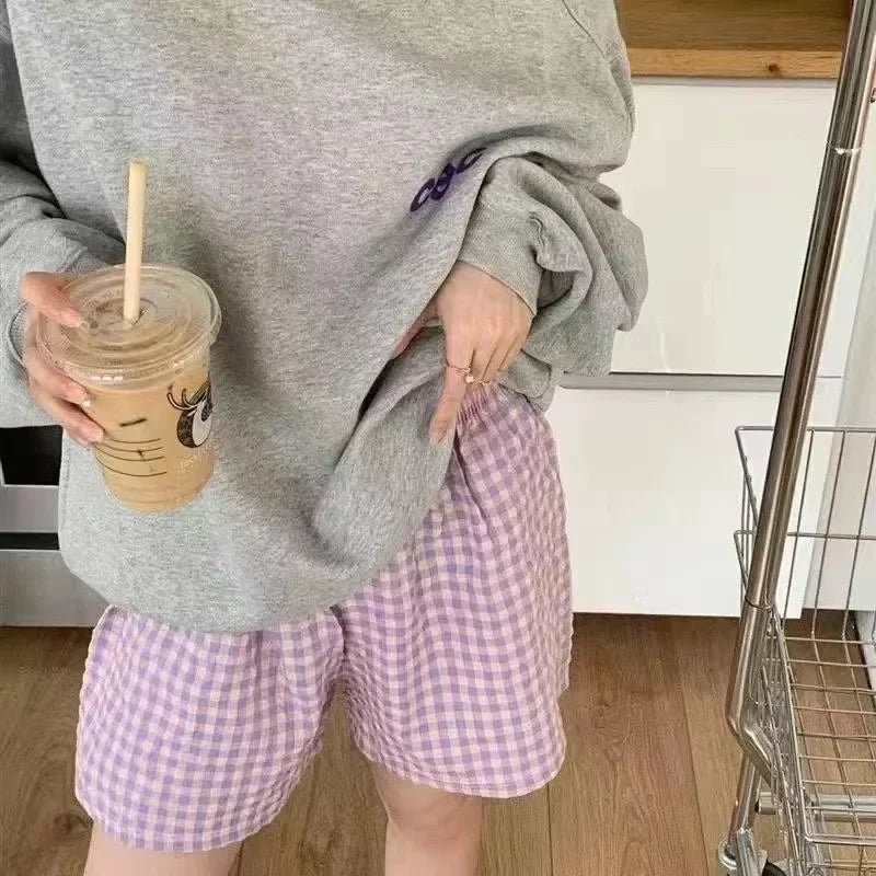 Dam Pyjamasshorts Rutigt Mönster – Mjuk Bomull, Sommar Loungewear, 6 Färger