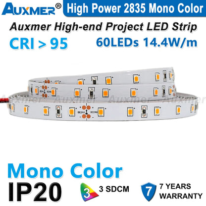 High Power 2835 LED Strip Lights,Mono Color,120LEDs/m 240LEDs/m,CRI＞95/90,3SDCM,Super Bright Flex LED DC12/24V,5m/reel,IP20
