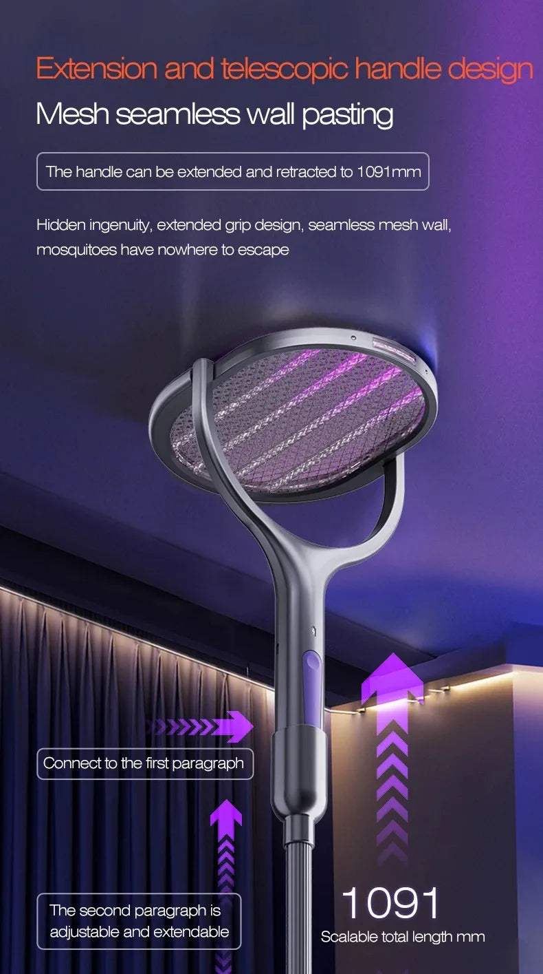 Telescopic Electric Mosquito Swatter & UV Trap Lamp, Extendable 109cm, Safe Physical Killer, Rechargeable, Wall Mount No Gap