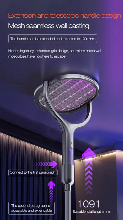 Telescopic Electric Mosquito Swatter & UV Trap Lamp, Extendable 109cm, Safe Physical Killer, Rechargeable, Wall Mount No Gap