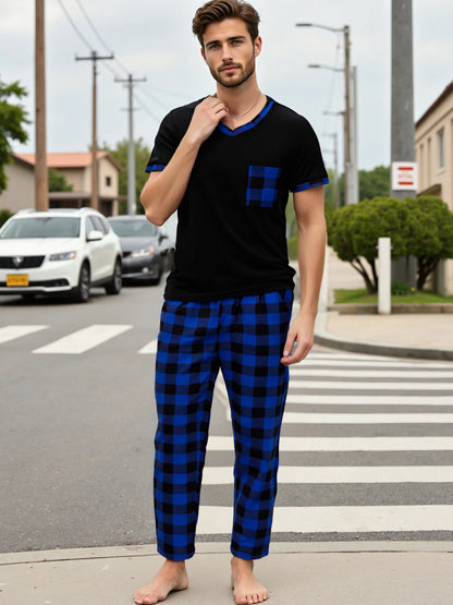 Herr Pyjamas Set Rutig – Kortärmad V-ringning & Byxor med Fickor Drawstring, 5 Färger M–1XL