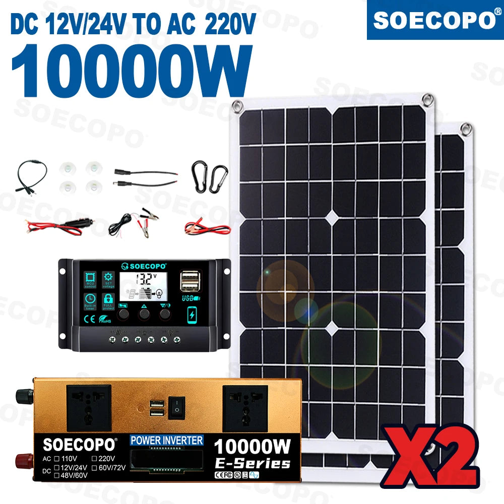 SOECOPO Solsystem-kit – 2×Flexibel Solpanel + 1100W Inverter (E-Series) + LCD-regulator 12V/24V, 220V, EU-lager (Polen)