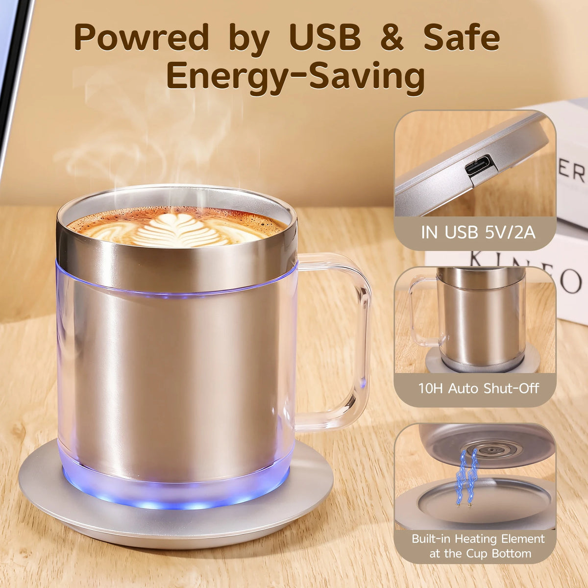 Self-Heating Coffee Cup Warmer Set 55°C(131°F) Thermostatic Heater Double Layer Food Grade 12oz Coffee Mug for Office Home Gifts