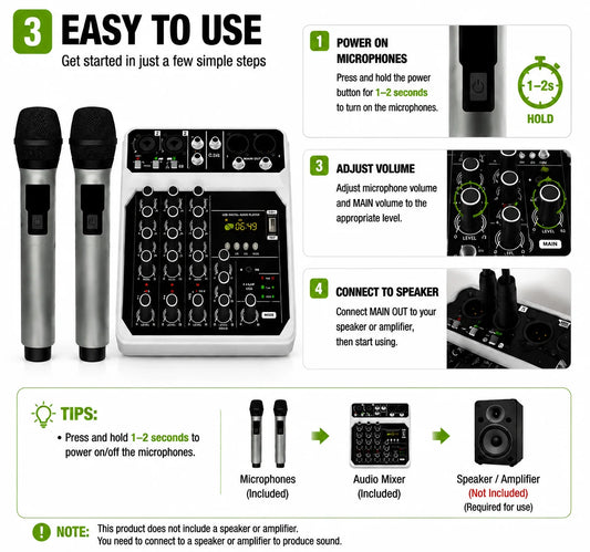 GK-23 fyrkanalig ljudmixer med trådlöst mikrofonkit, Bluetooth och USB