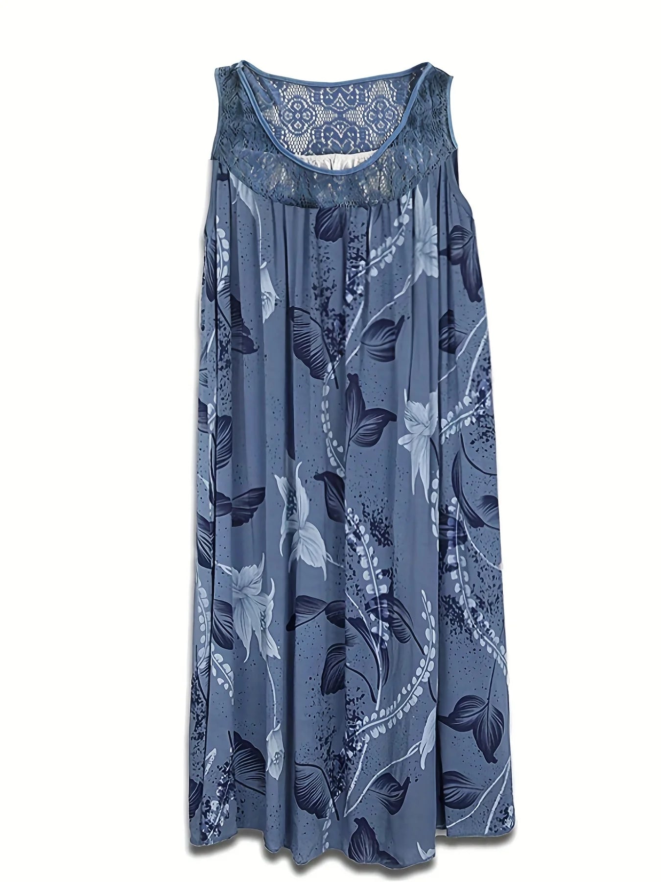 Plus size women's sleeveless round neck A-line dress with contrasting lace border floral print - knee length casual and pretenti