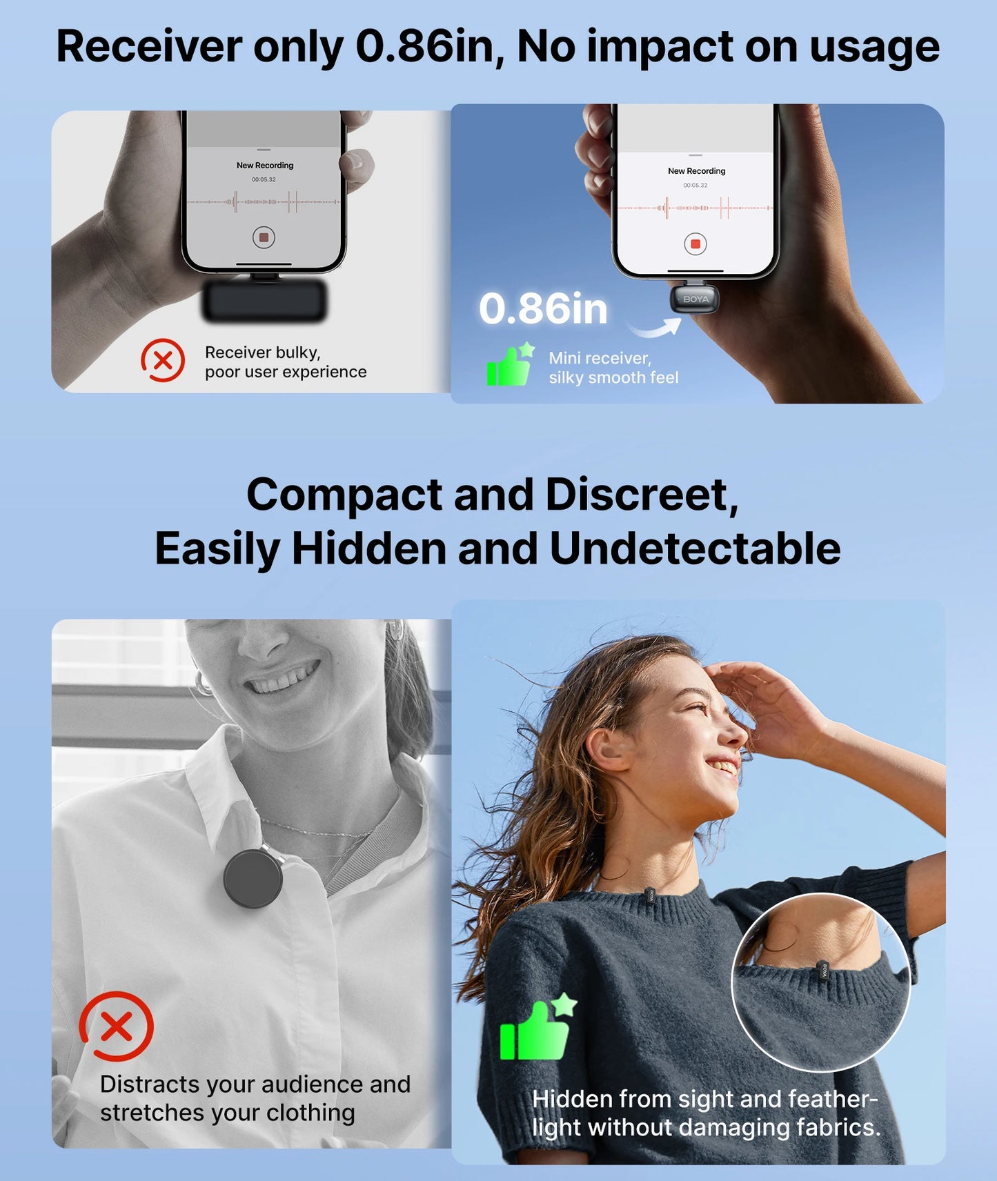 BOYA Mini 2 Wireless Lavalier Microphone AI Noise Reduction Mini Mic for iPhone 6-14/15-17 USB-C Android Phone Video Recording