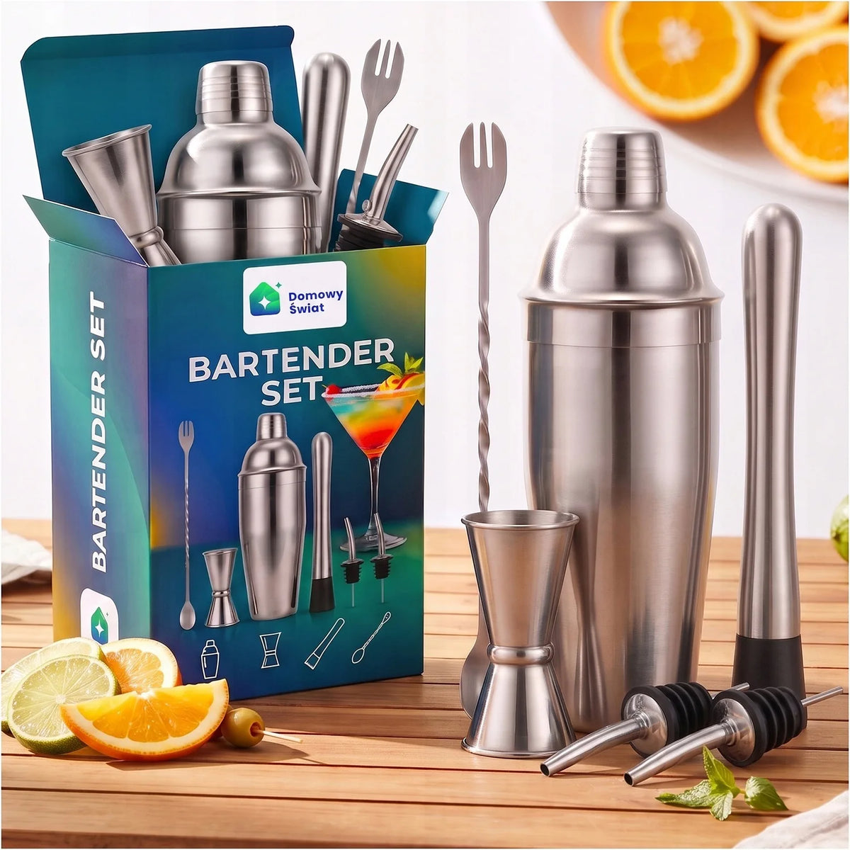 Professional Bartender Cocktail Shaker Set with Bar Tools Home Bar Accessories Kit Stainless Steel Complete Bartending Kit Jigger Strainer Muddler Stirrer Bottle Opener for Home Bar Restaurant Party Beverage Drink Mixing Enth